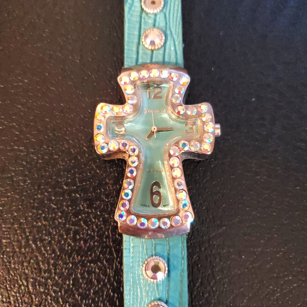 Geneva Turquoise Cross Watch with Rhinestones
